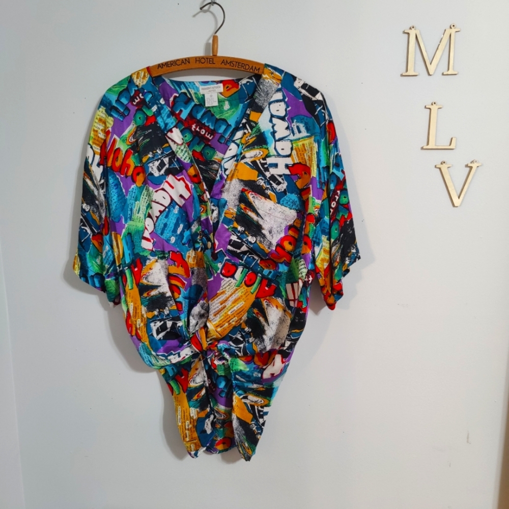 silk 80s oversized luxury V neck regal Hawaii slick button front blouse L - Picture 7 of 9
